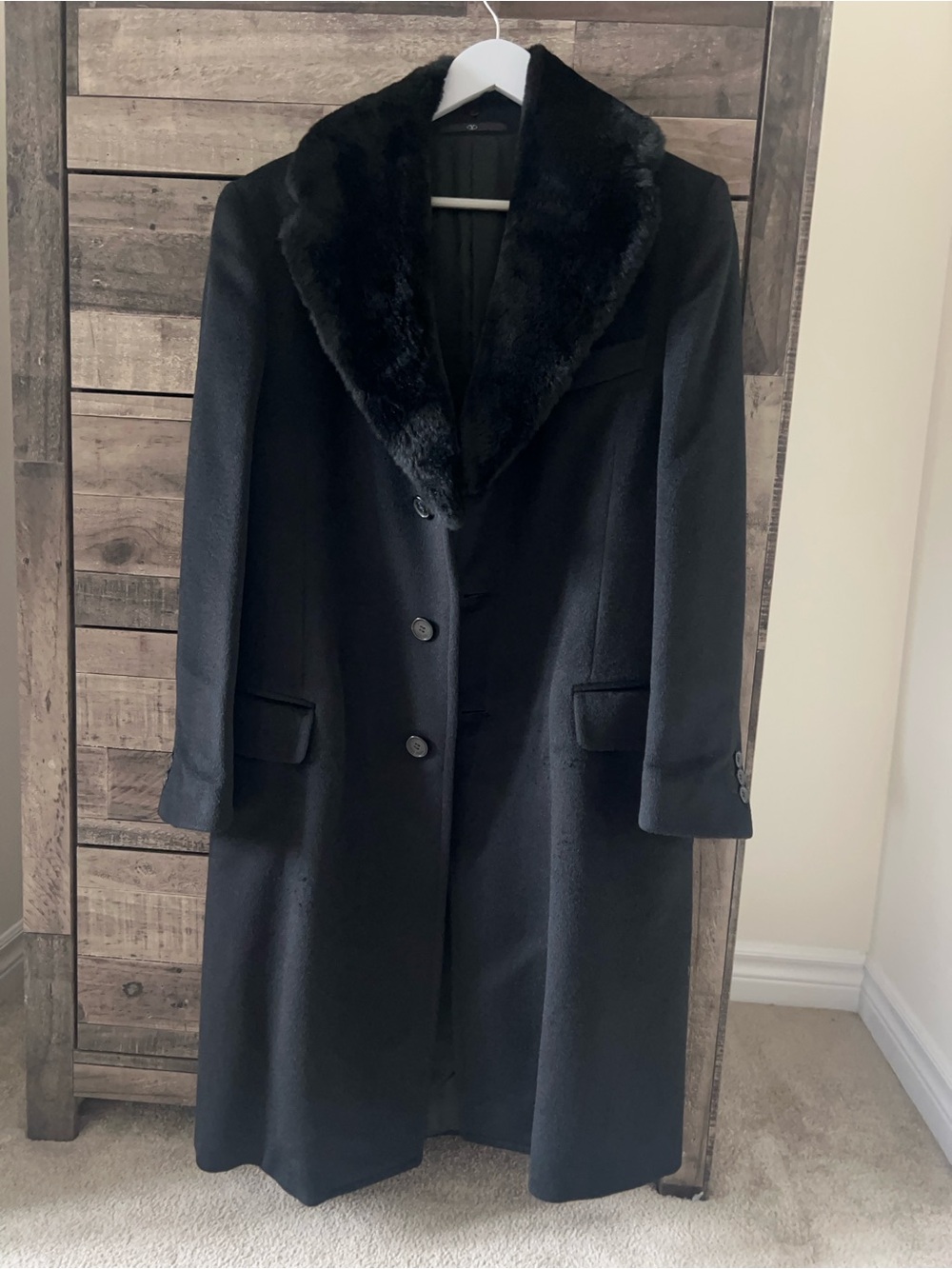 Valentino Men’s Black Alpaca & Wool Coat with Detachable Fur Collar – Size M